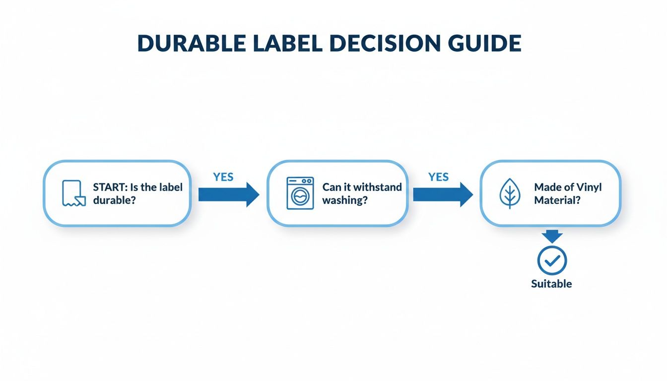 Decision guide flowchart for durable labels, checking if they withstand washing and are made of vinyl.