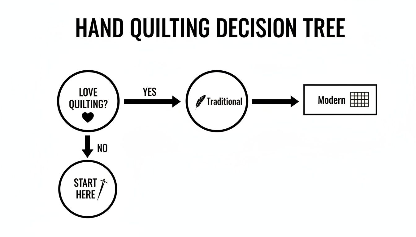 A hand quilting decision tree flowchart guides users through traditional, modern, or beginner quilting paths.