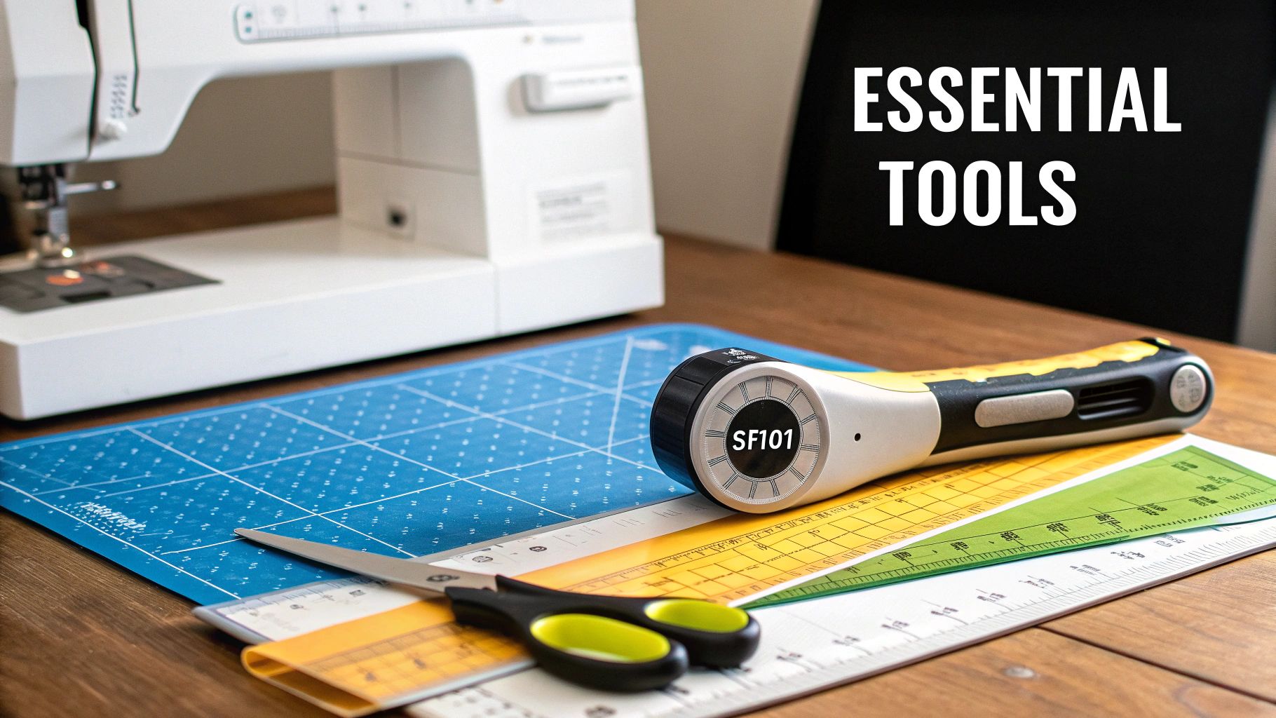 A crafting table with a sewing machine, blue cutting mat, rotary cutter, scissors, and rulers.