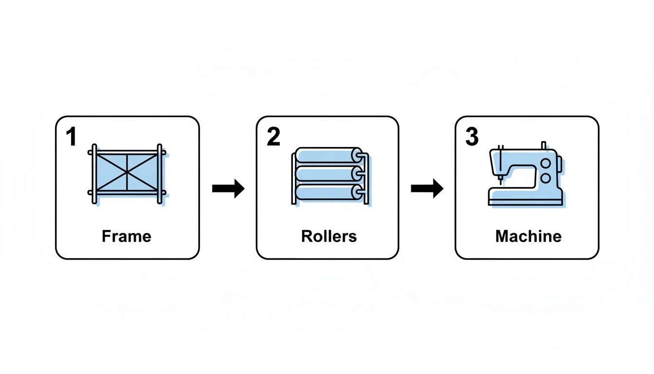 A three-step diagram showing icons for a frame, rollers, and a sewing machine, illustrating a process.
