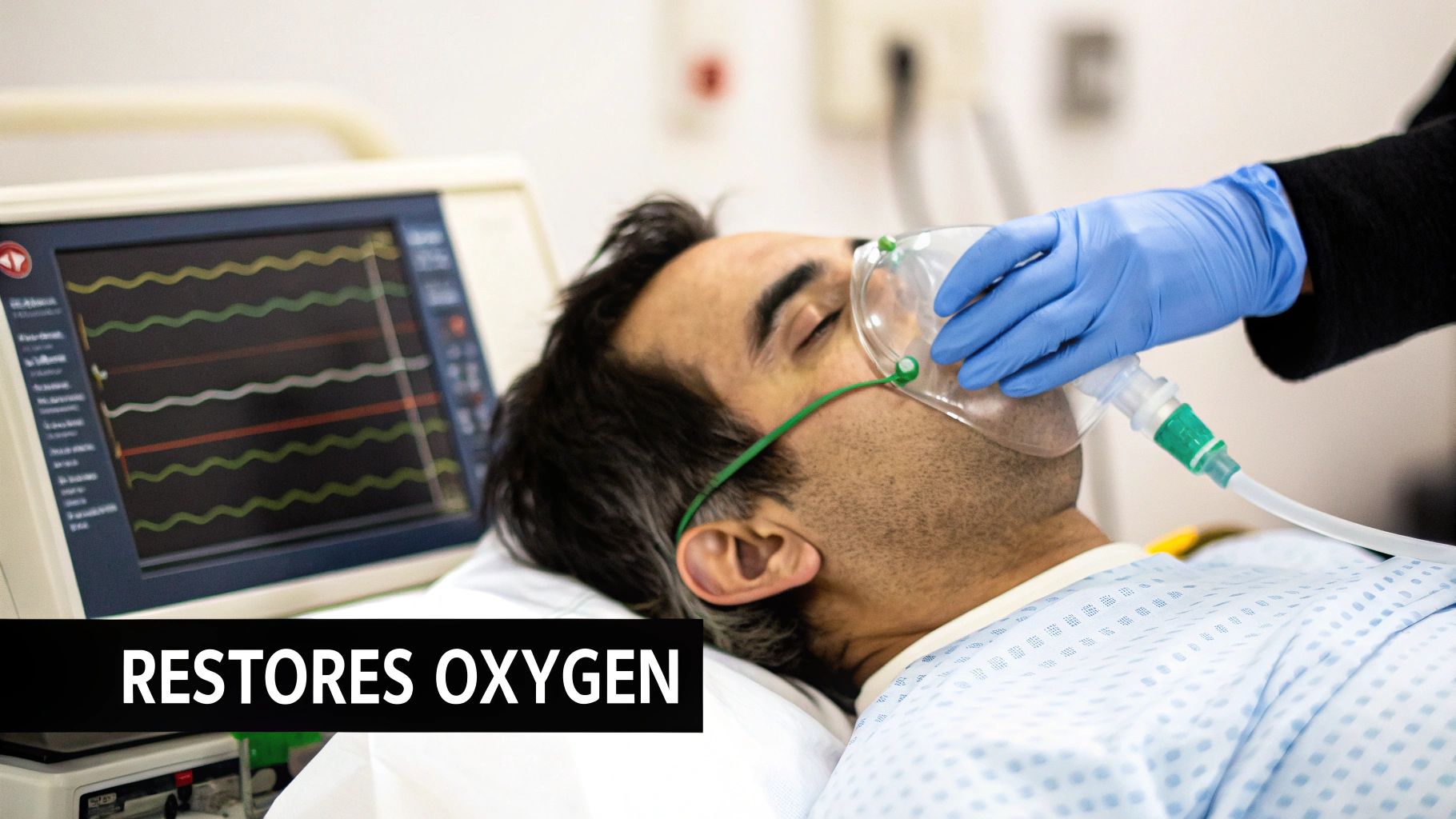 A patient receives oxygen therapy from a medical professional, with a vital signs monitor in the background.