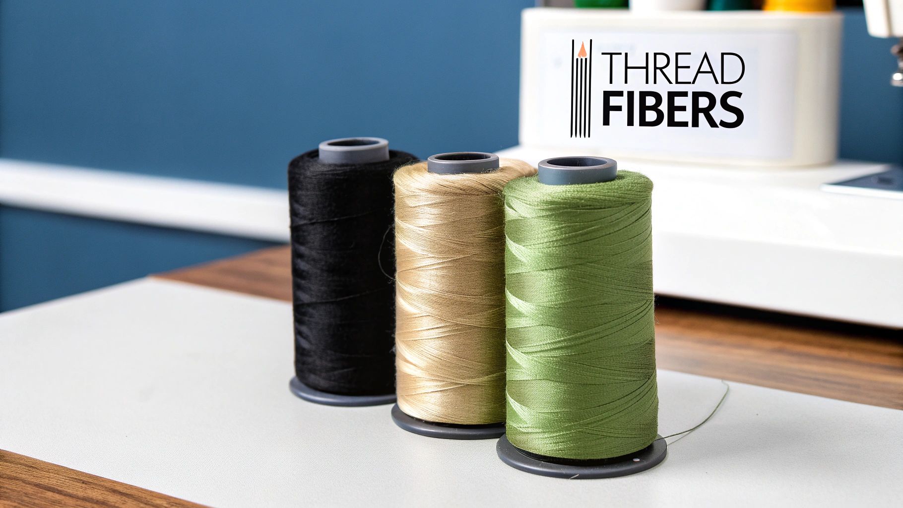 Close-up of colorful machine quilting threads on spools