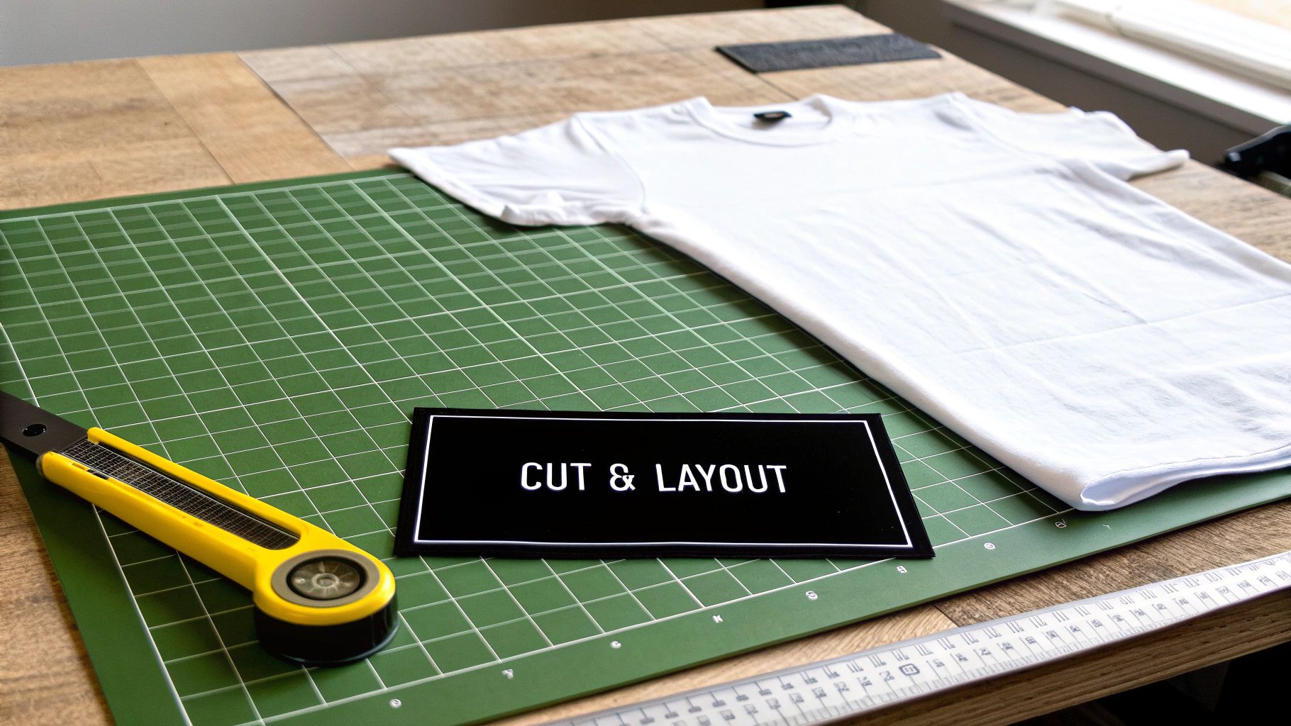 A crafting workstation with a white t-shirt, cutting mat, knife, ruler, and 'CUT & LAYOUT' sign.