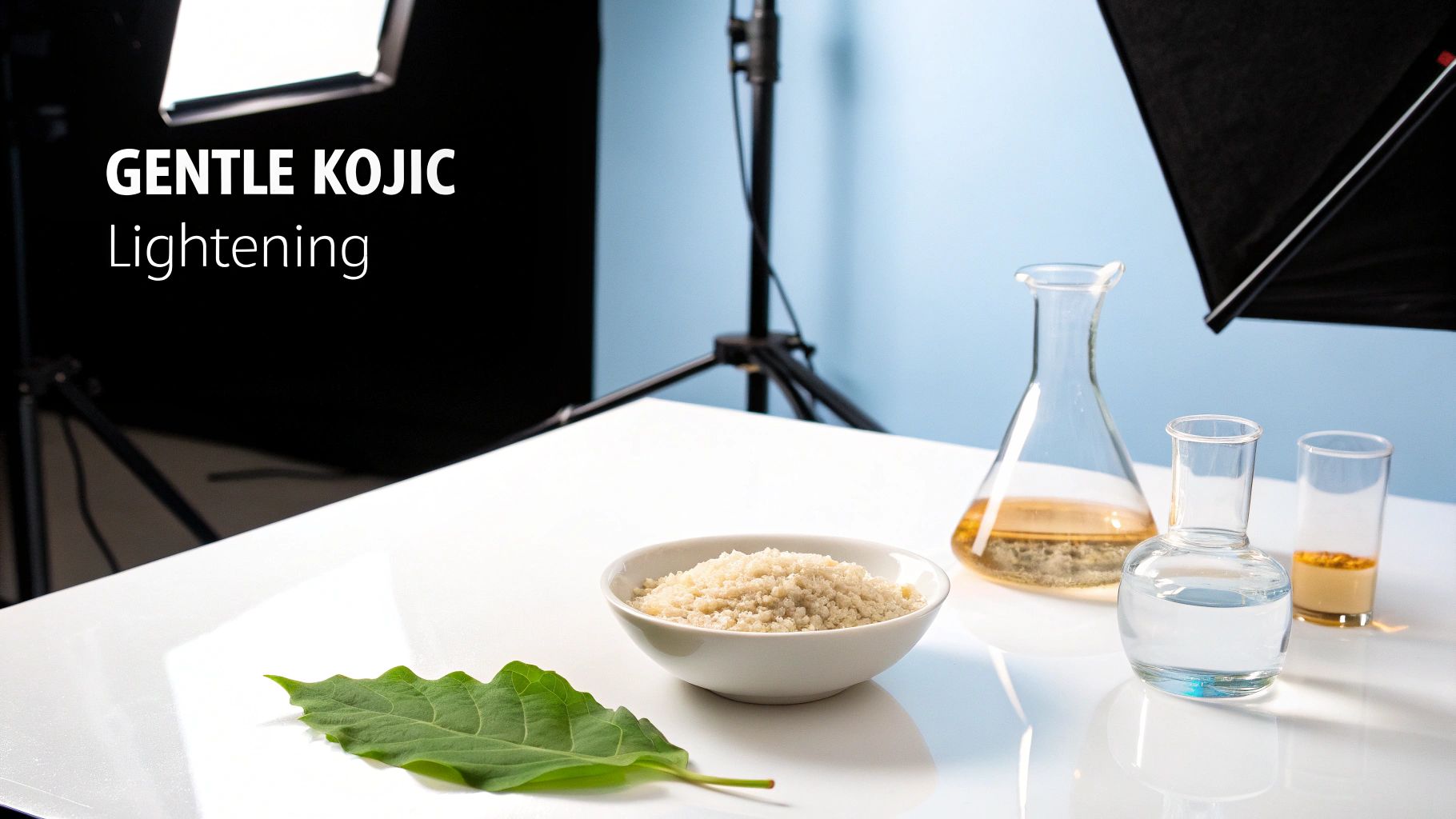 Ingredients for gentle kojic lightening, including powder, green leaf, and liquids in laboratory glass on a white table.