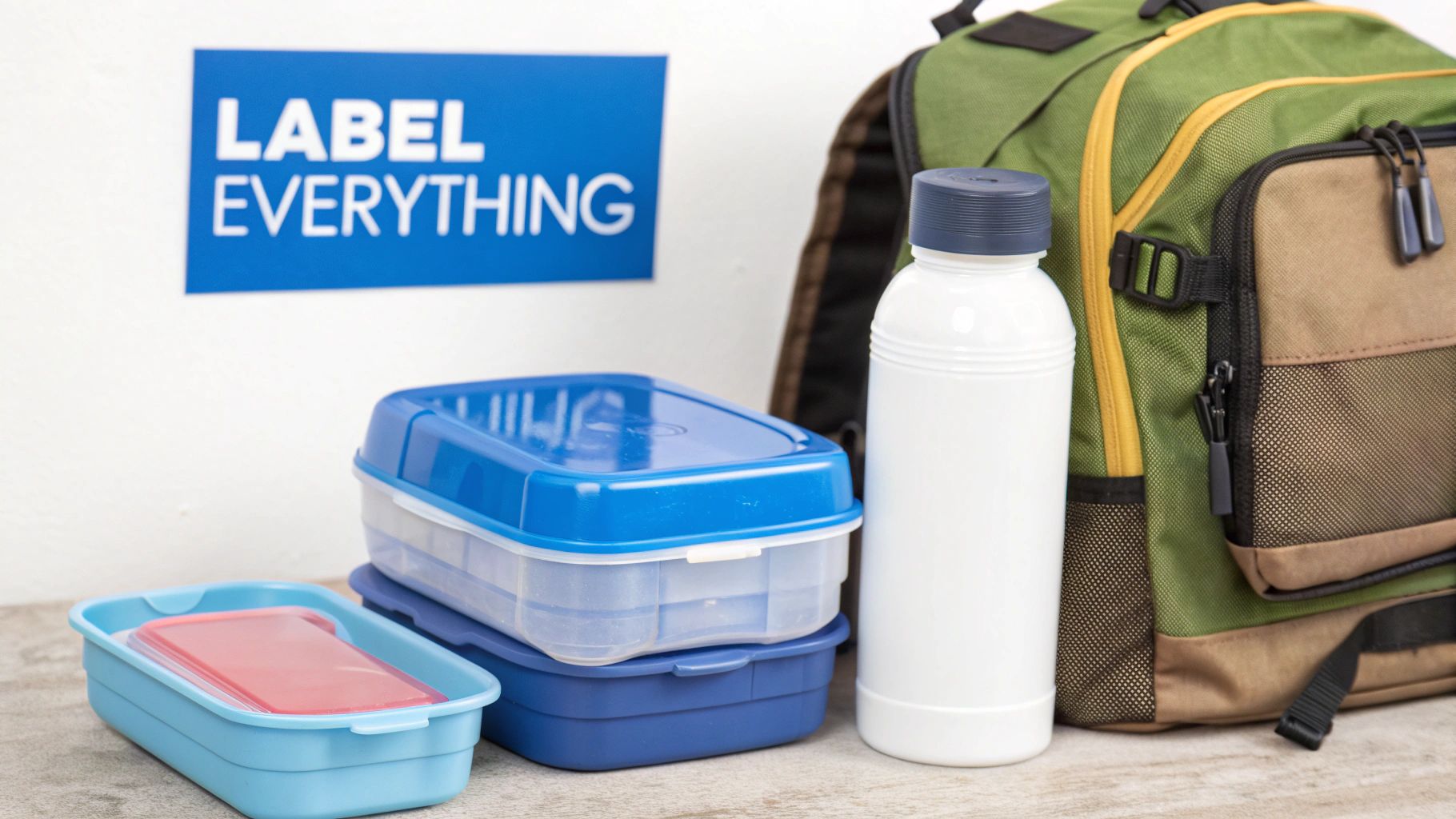 School supplies like lunchboxes, a water bottle, and backpack, with a 'LABEL EVERYTHING' sign.