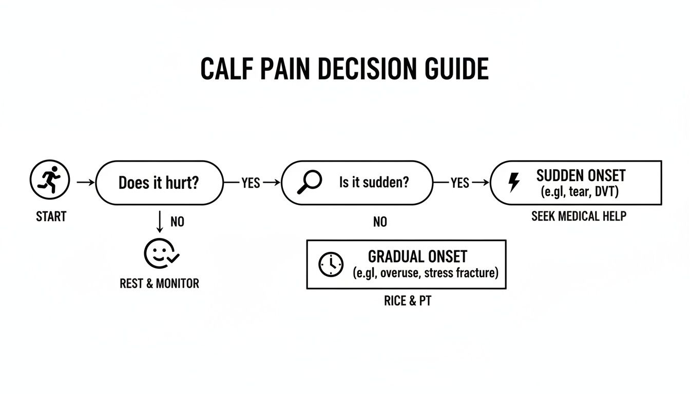 A calf pain decision guide flowchart explaining steps for sudden versus gradual onset pain.