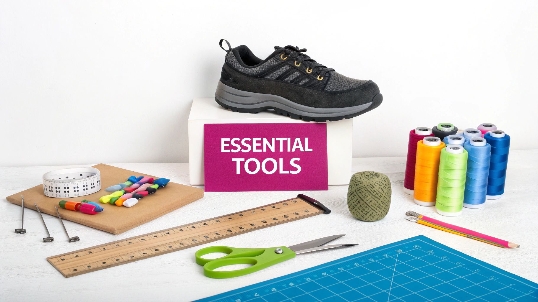 A flat lay of various essential sewing and crafting tools including threads, scissors, ruler, and a cutting mat.