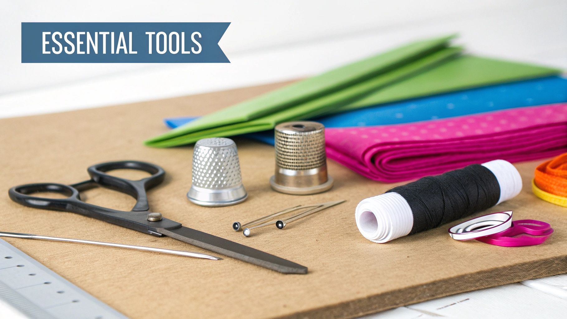 A collection of quilting tools, including fabric, needles, thread, and clips, neatly arranged on a wooden surface.