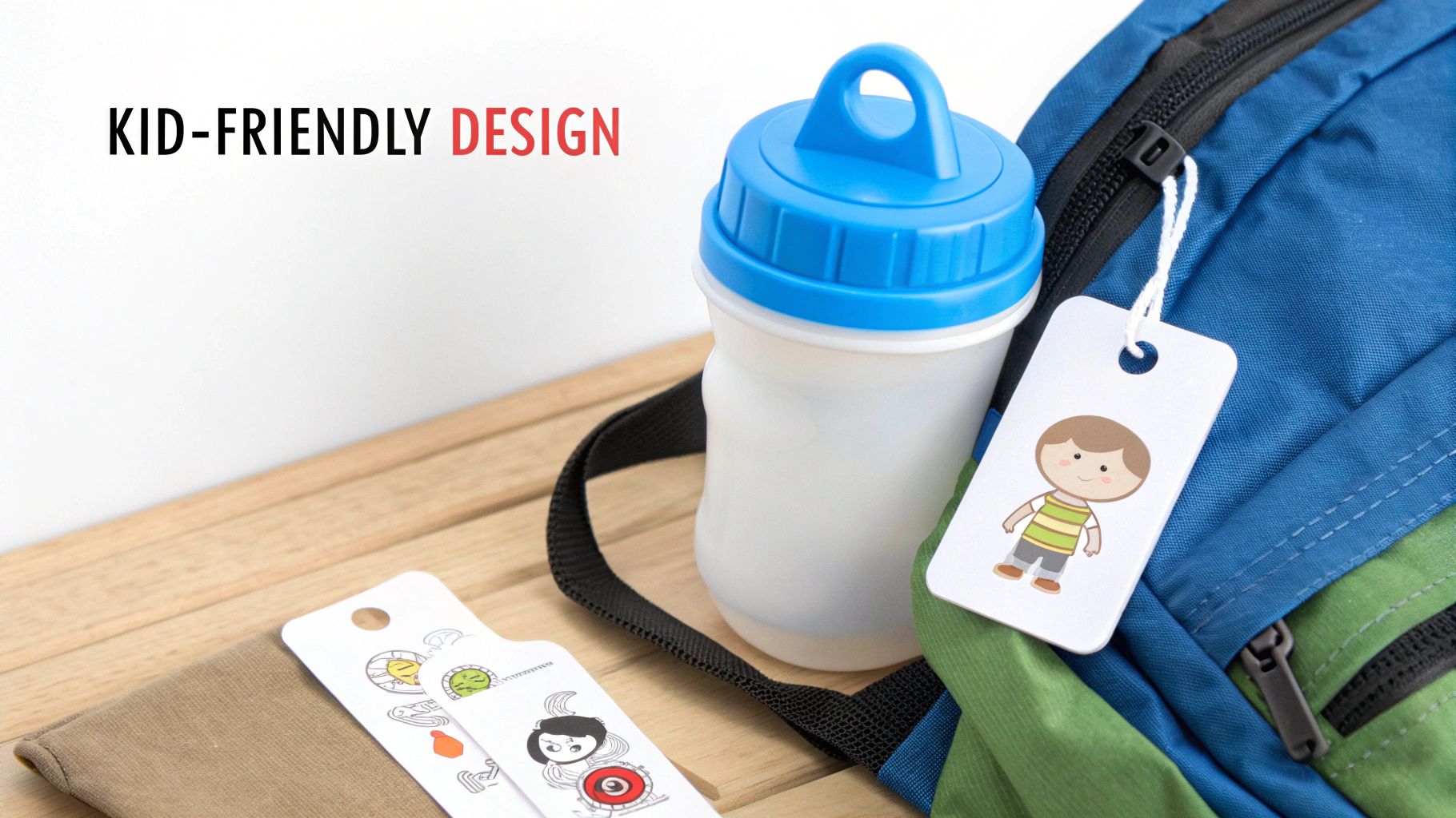 A kid-friendly backpack, water bottle, and a personalized tag with a cartoon boy, perfect for daycare.