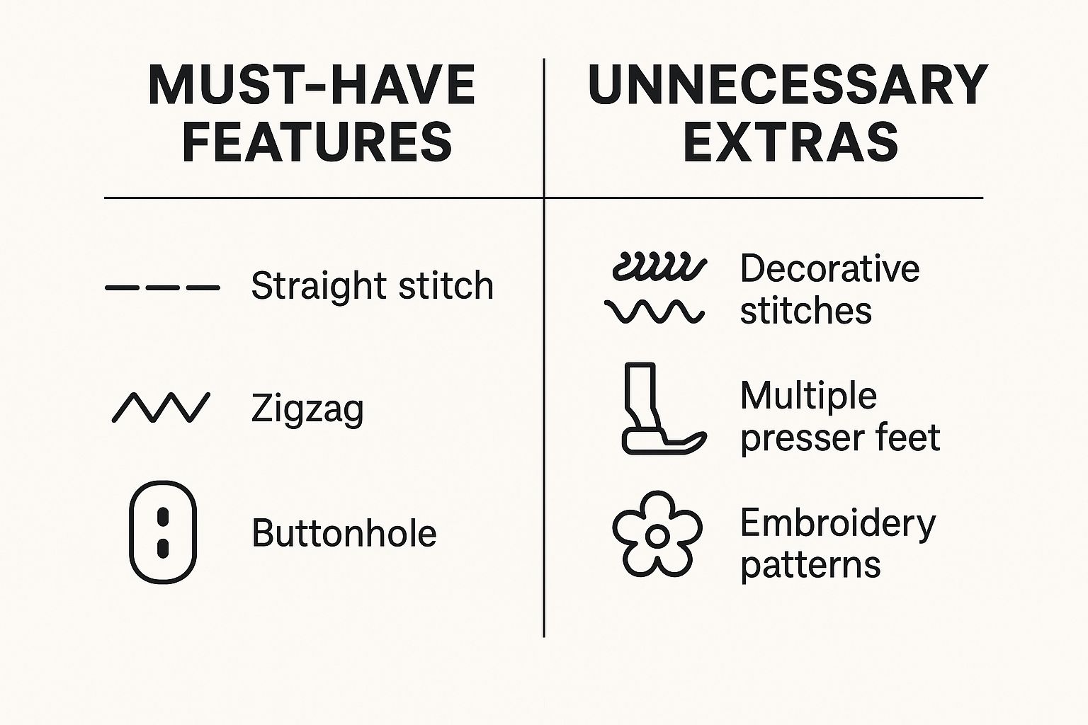 Infographic comparing must-have sewing machine features like a straight stitch with unnecessary extras like decorative stitches.
