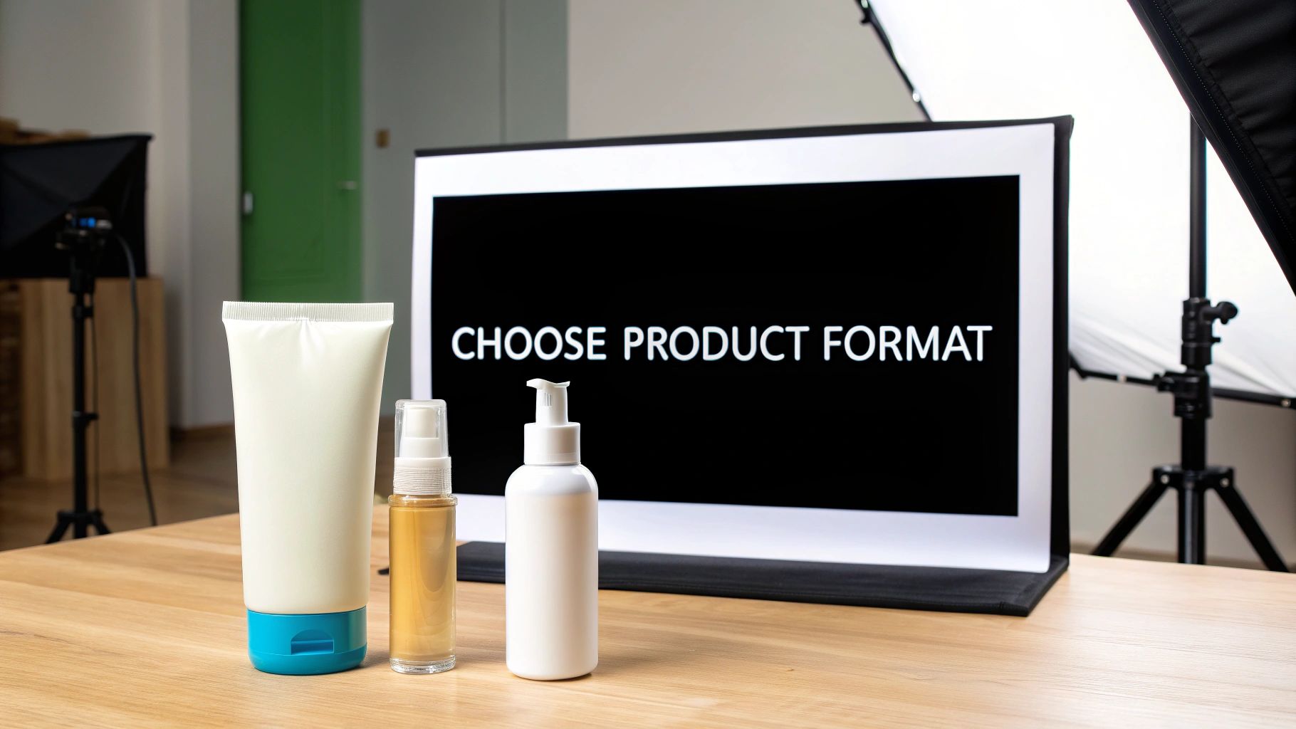 Three product bottles on a table with a screen displaying 'CHOOSE PRODUCT FORMAT' in a studio.