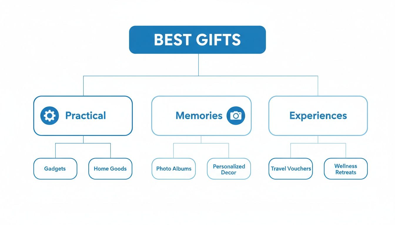 A flowchart titled 'BEST GIFTS' categorizes gift ideas into practical, memories, and experiences with sub-categories.