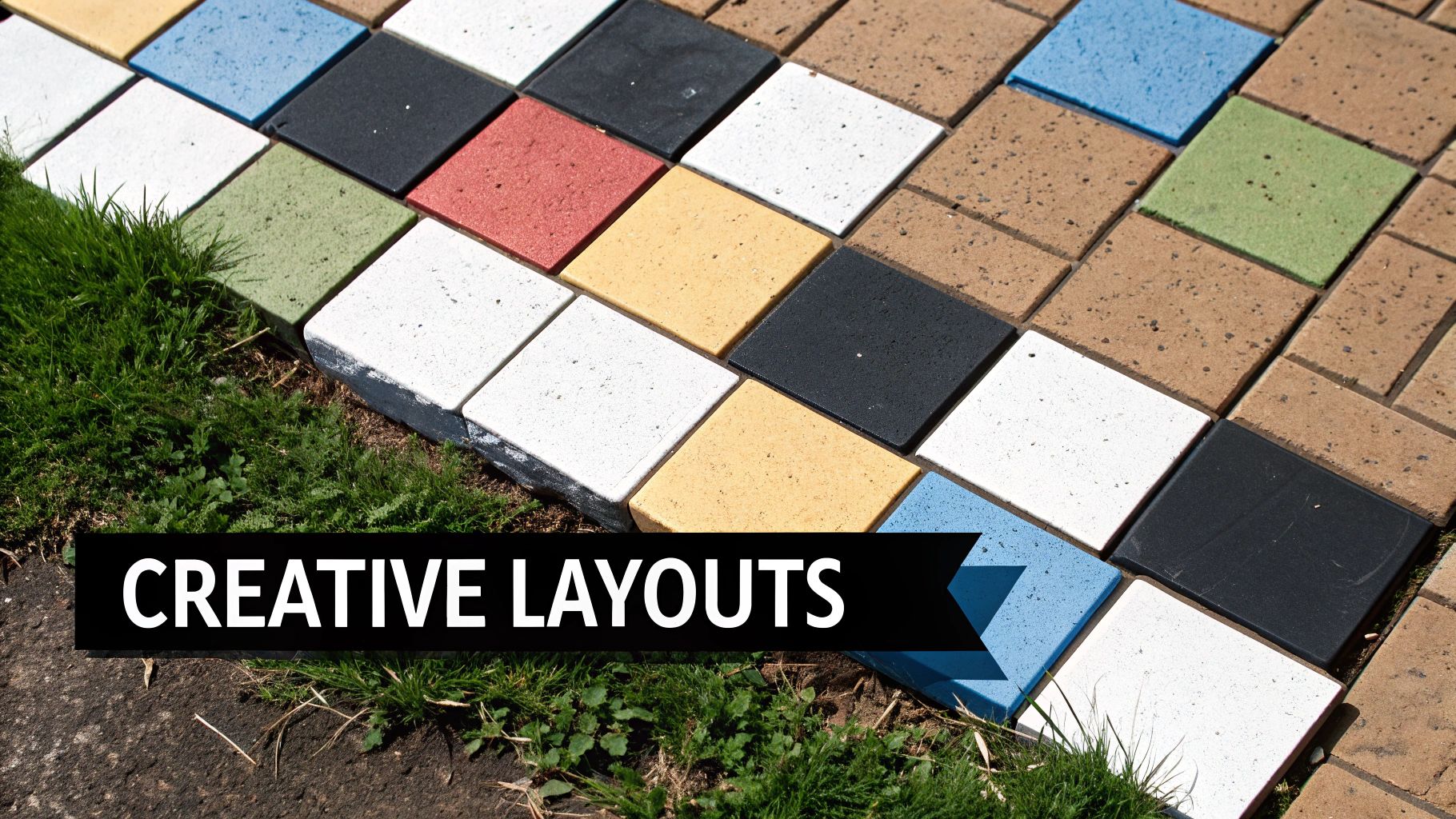A colorful outdoor path featuring square pavers and rectangular bricks, with vibrant green grass alongside.