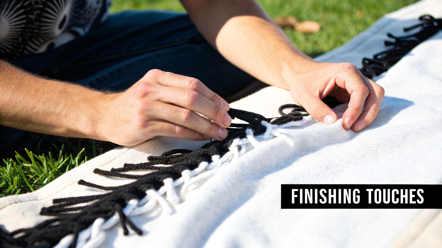 A person's hands are tying black and white fringe on a white blanket outdoors, adding finishing touches.