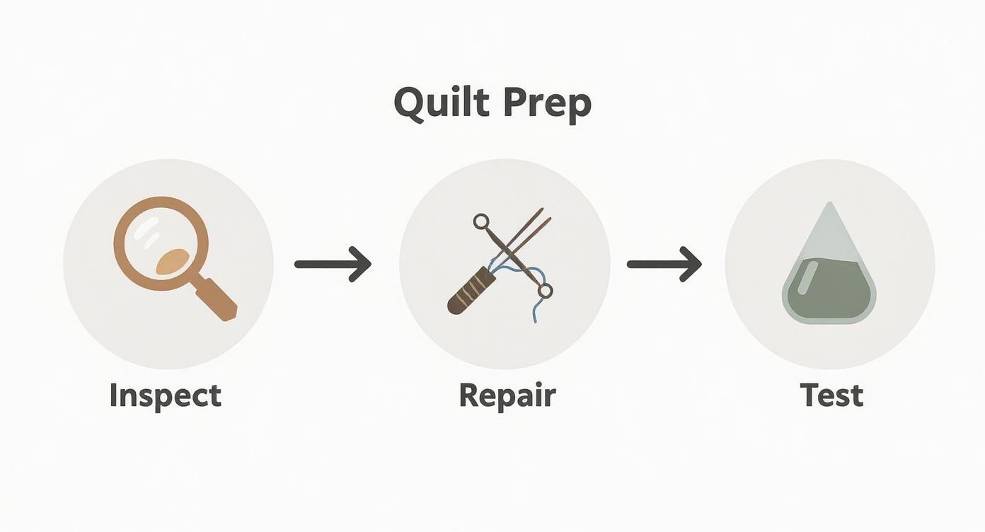 A diagram titled 'Quilt Prep' showing three steps: Inspect with a magnifying glass, Repair with sewing tools, and Test with a liquid drop.
