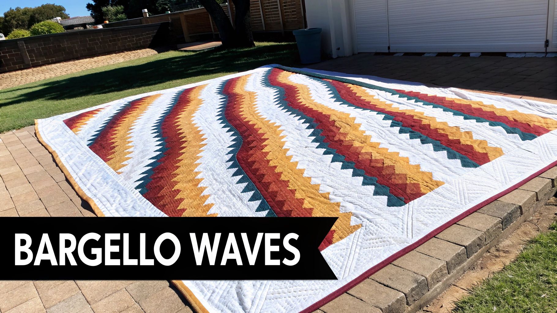 Colorful Bargello Waves quilt pattern with zigzag design displayed outdoors on sunny day