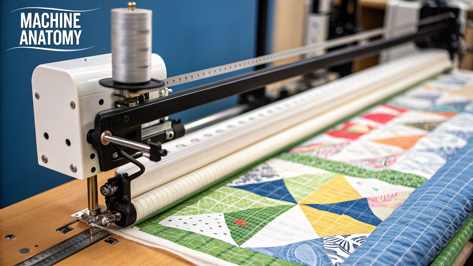 A detailed shot of a longarm quilting machine's sewing head gliding over fabric.