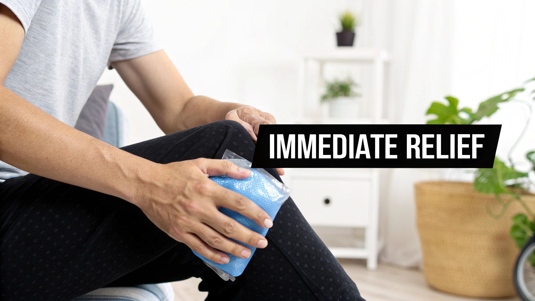A person applying a cold pack to their knee for immediate pain relief at home.