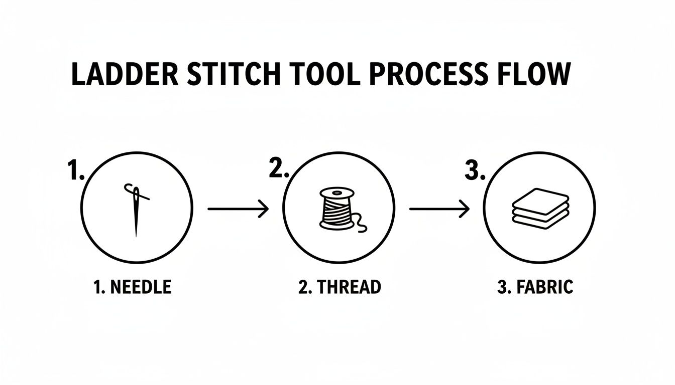 Diagram illustrating the three key elements: needle, thread, and fabric, for the ladder stitch process.