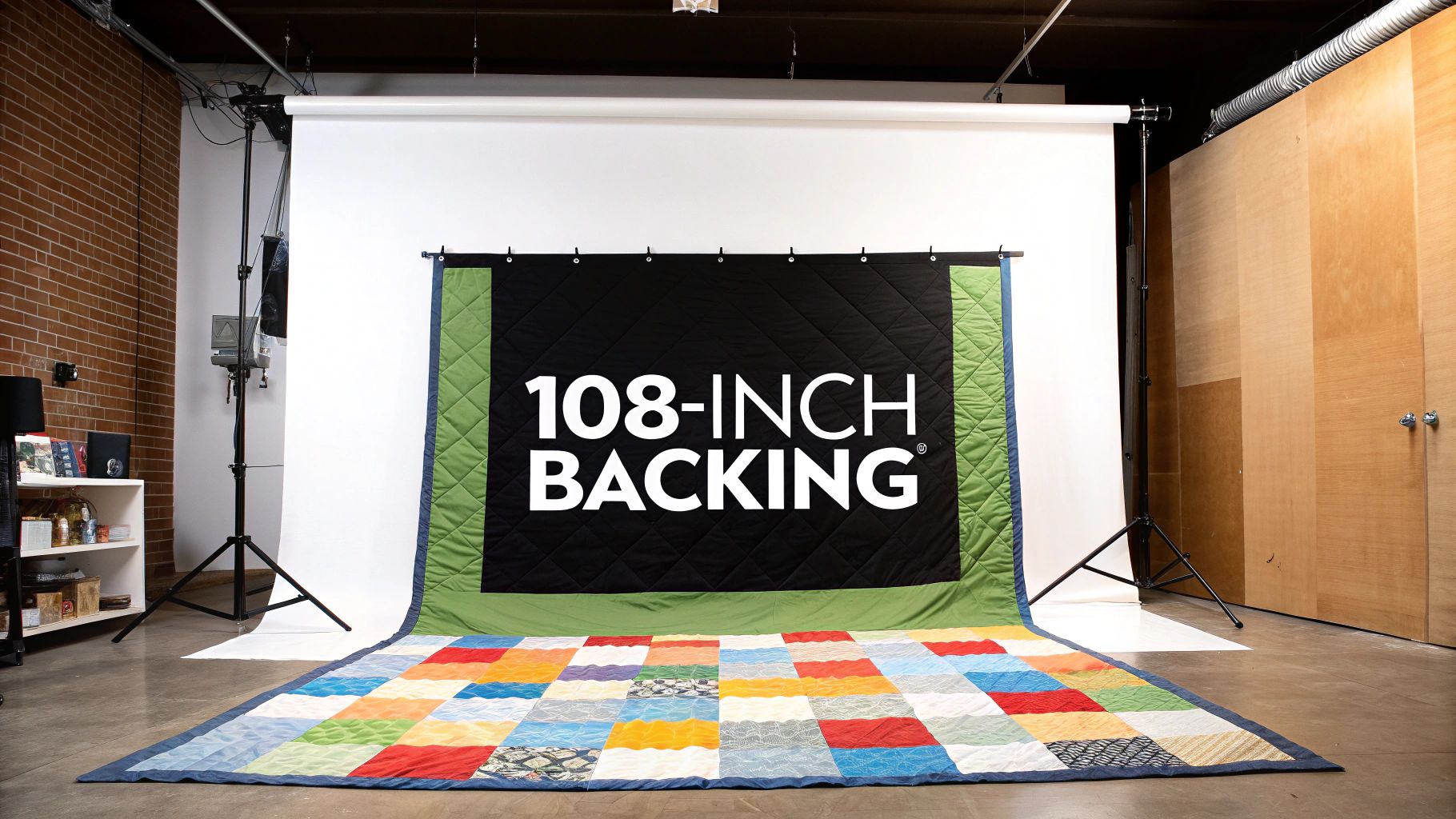 A large colorful quilt featuring '108-INCH BACKING' displayed in a photography studio with a white backdrop.