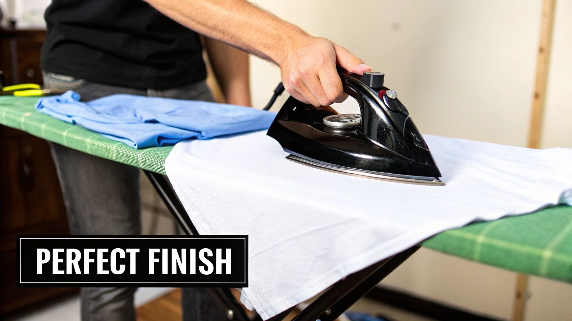 An iron pressing a freshly hemmed pair of pants, creating a crisp and professional finish.
