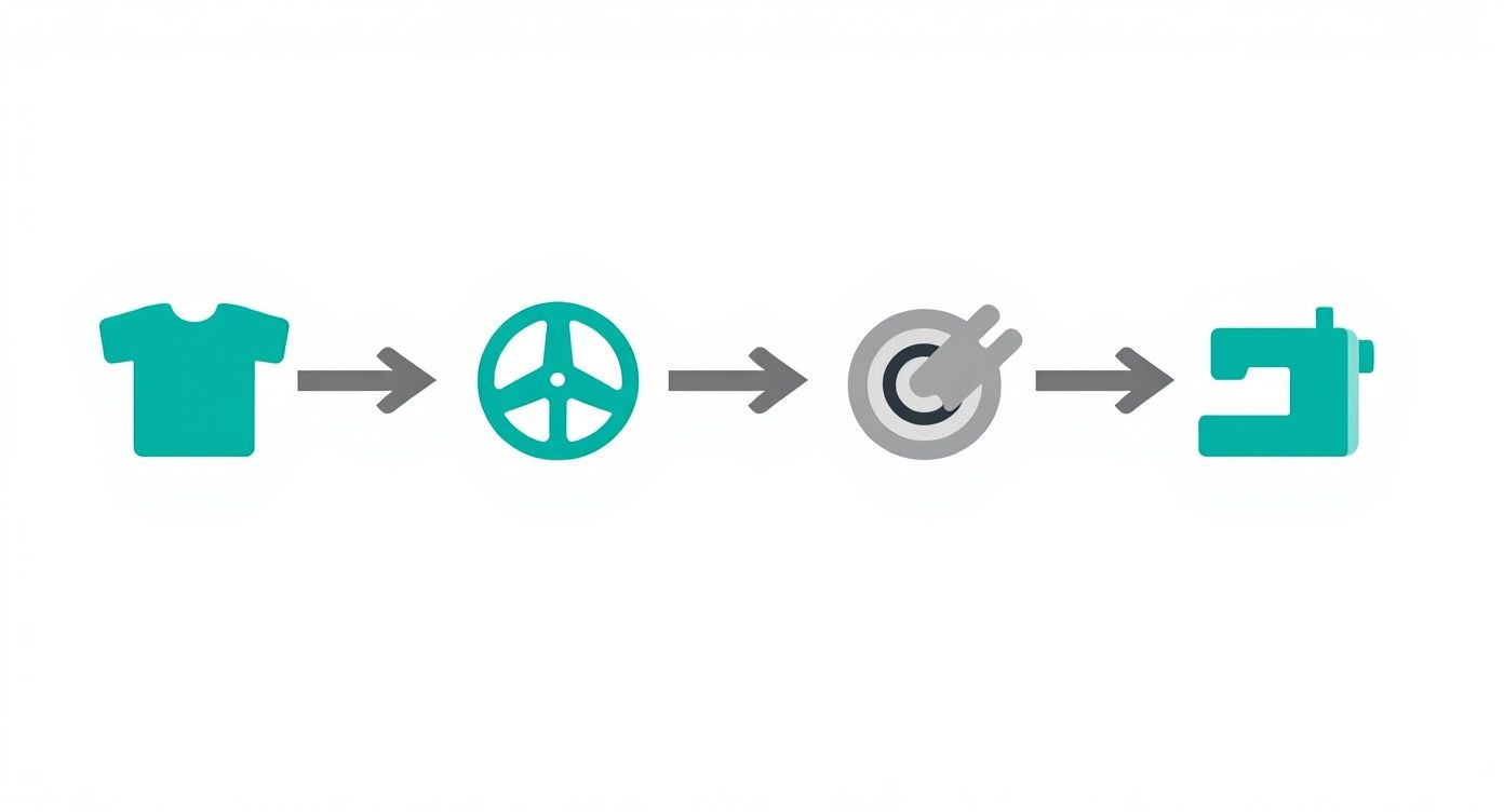 A visual process showing a t-shirt, a design/cutting icon, a thread spool, and a sewing machine.