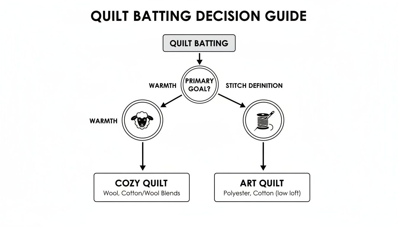 Flowchart guiding quilt batting selection based on primary goals: warmth for cozy quilts or stitch definition for art quilts.
