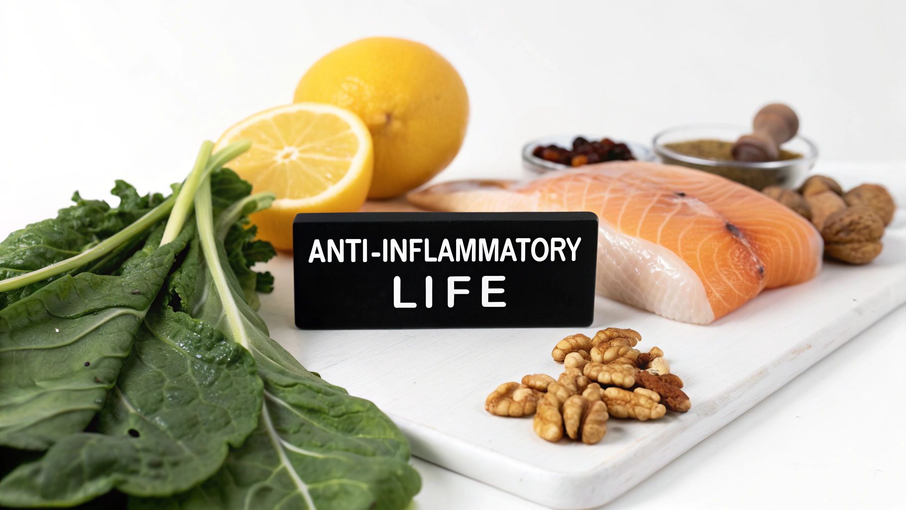 Fresh salmon, leafy greens, lemons, and walnuts on a board, promoting an anti-inflammatory lifestyle.