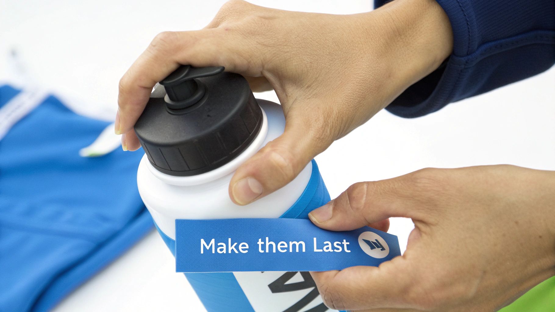 A person's hands are holding a white water bottle featuring a blue label that reads 'Make them Last'.