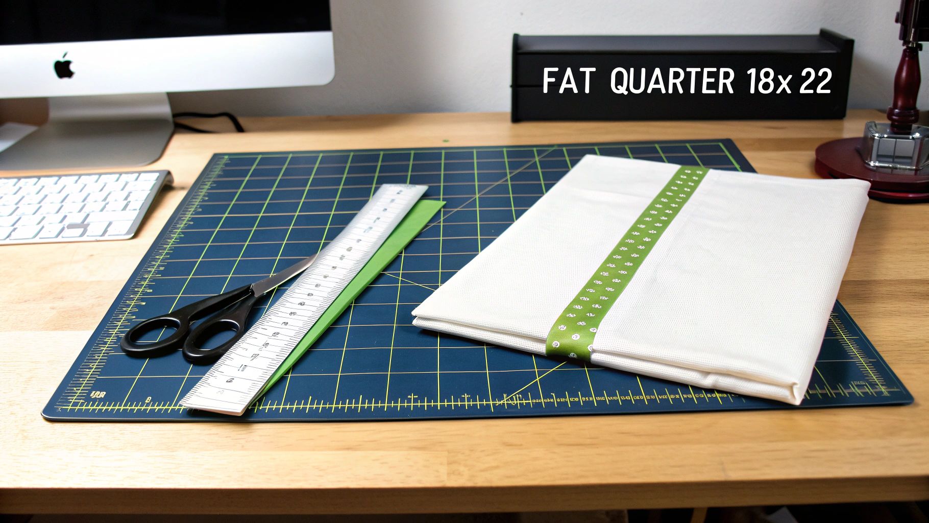 A stack of colorful, folded fat quarter fabrics on a wooden surface