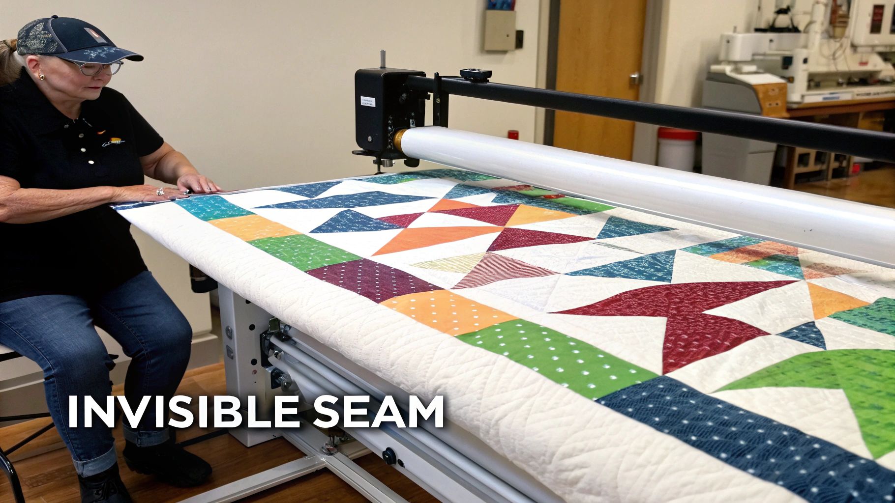 A woman in a baseball cap and glasses operates a long arm quilting machine on a colorful patterned quilt.