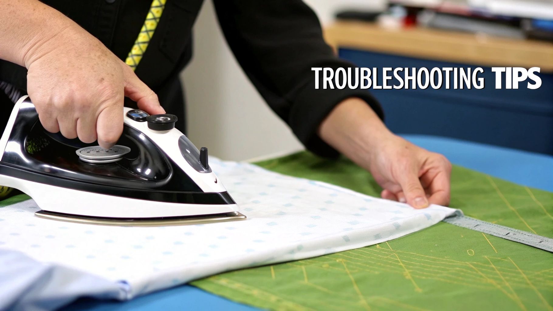 Hands are shown ironing a white fabric piece on a green surface with 'TROUBLESHOOTING TIPS' overlay.