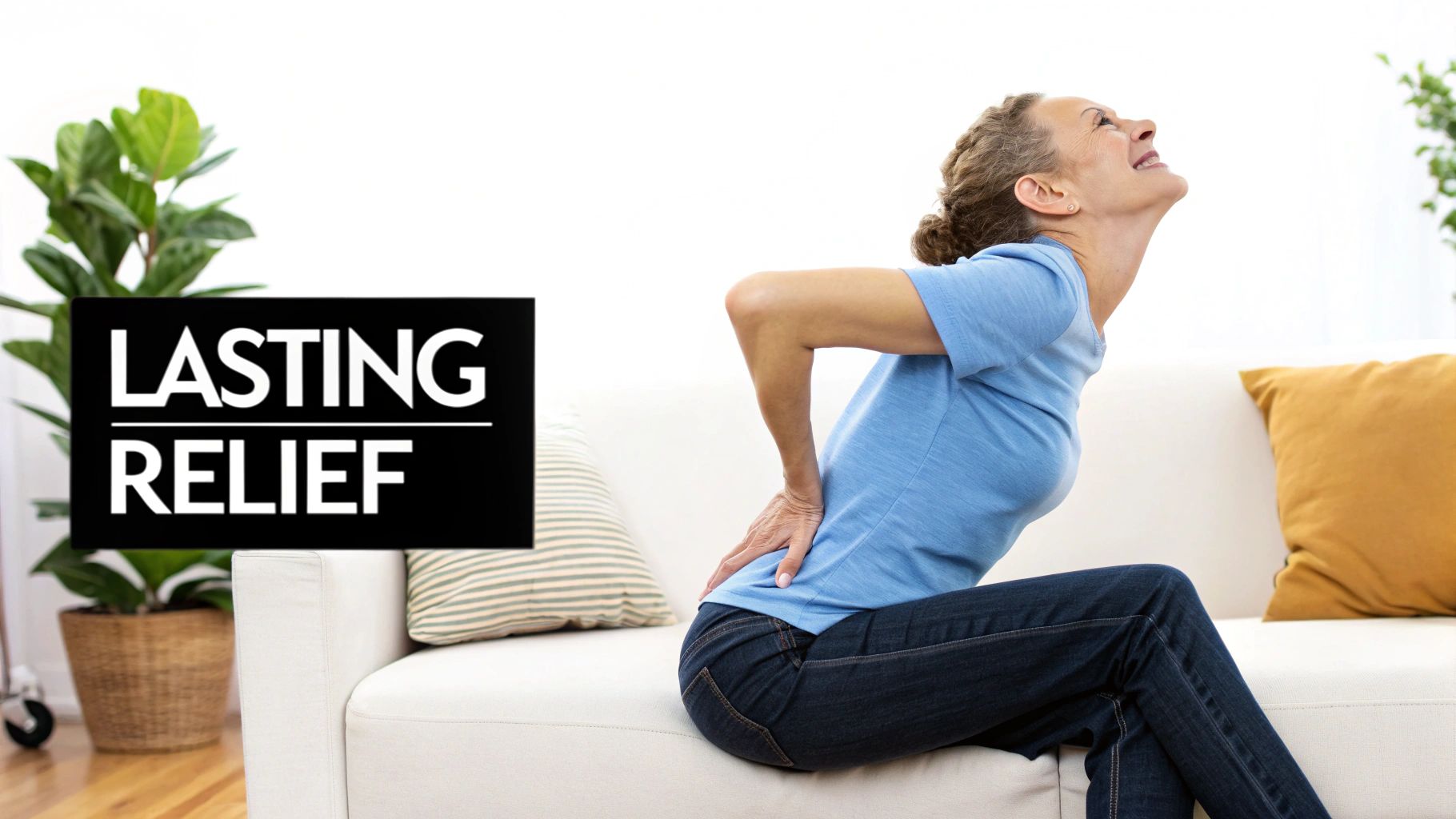 A woman experiences back pain while sitting on a couch, reaching for relief. Text says 'LASTING RELIEF'.