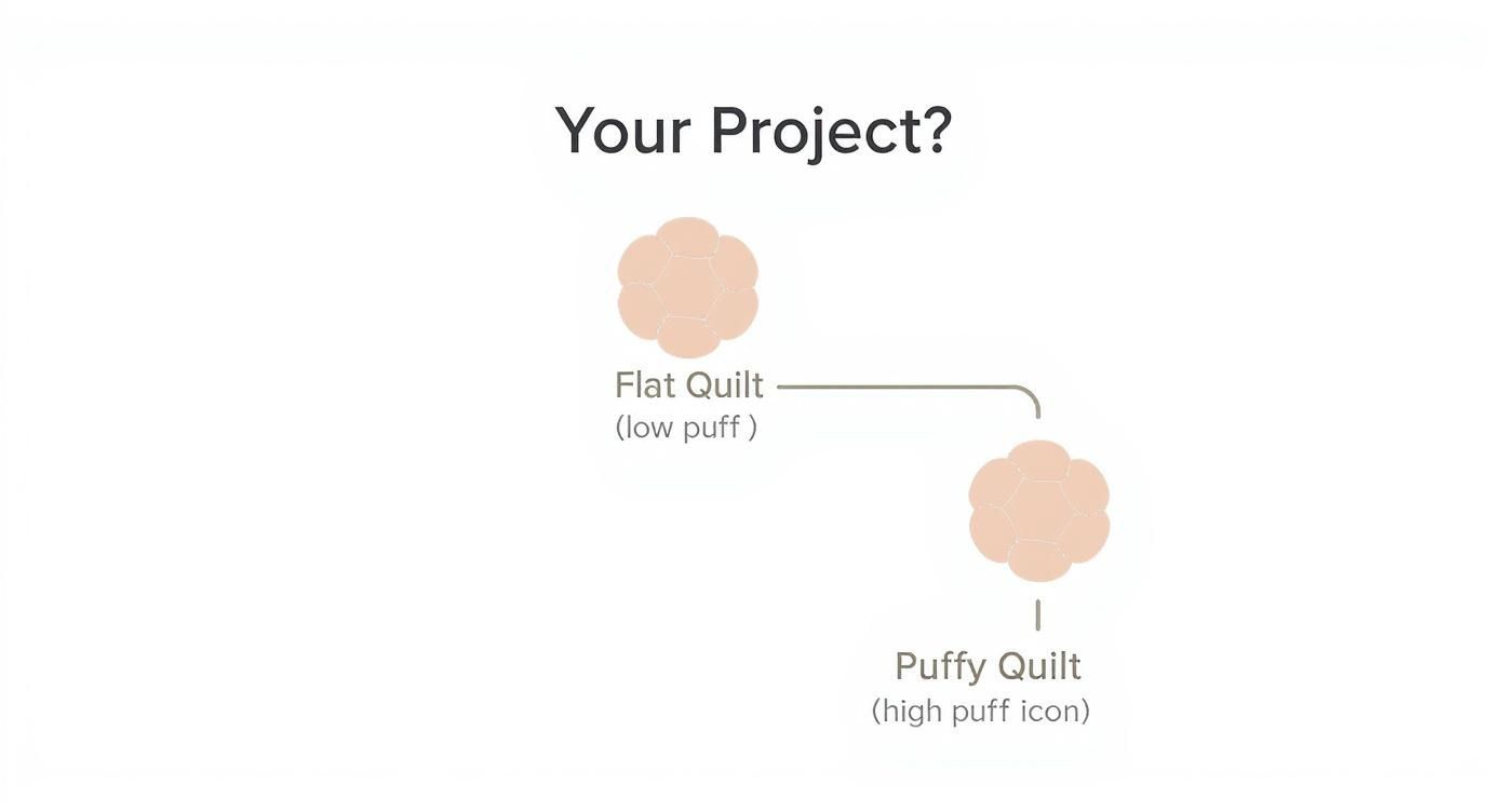Diagram comparing a flat quilt (low puff) with a puffy quilt (high puff) for project selection.