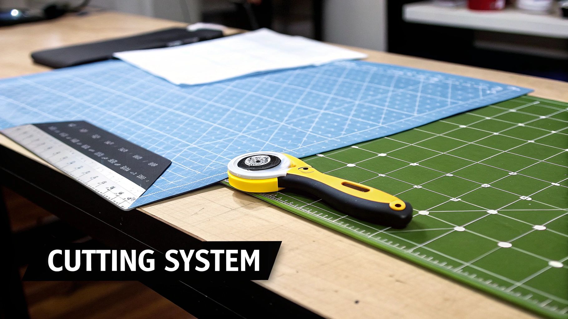 A yellow and black rotary cutter, metal ruler, and two cutting mats on a wooden table.