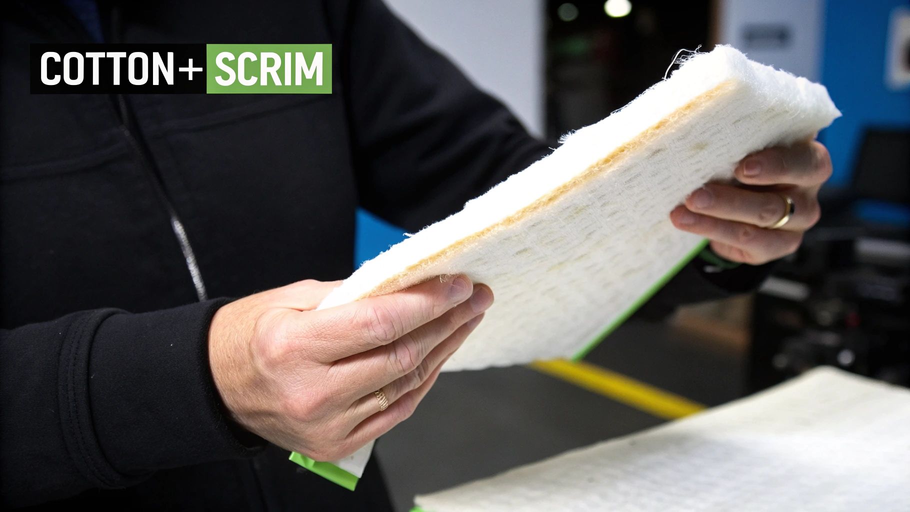 Close-up of hands holding layered cotton and scrim batting, ideal for quilting or insulation.
