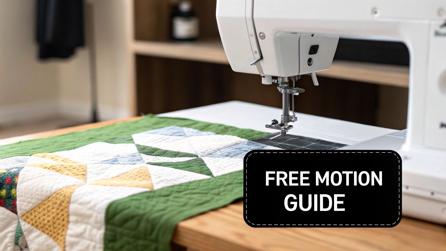A close-up of a sewing machine needle doing free motion quilting on a colorful quilt.