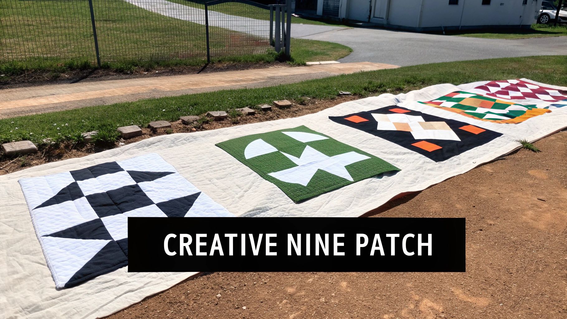 Five colorful quilt blocks displaying various patterns laid out on a white sheet outdoors.