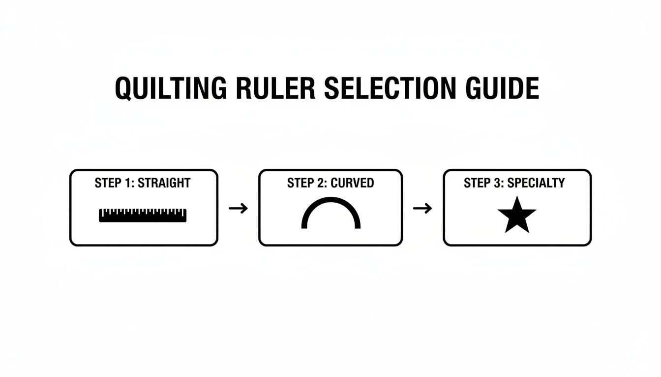 A quilting ruler selection guide showing steps for straight, curved, and specialty rulers.