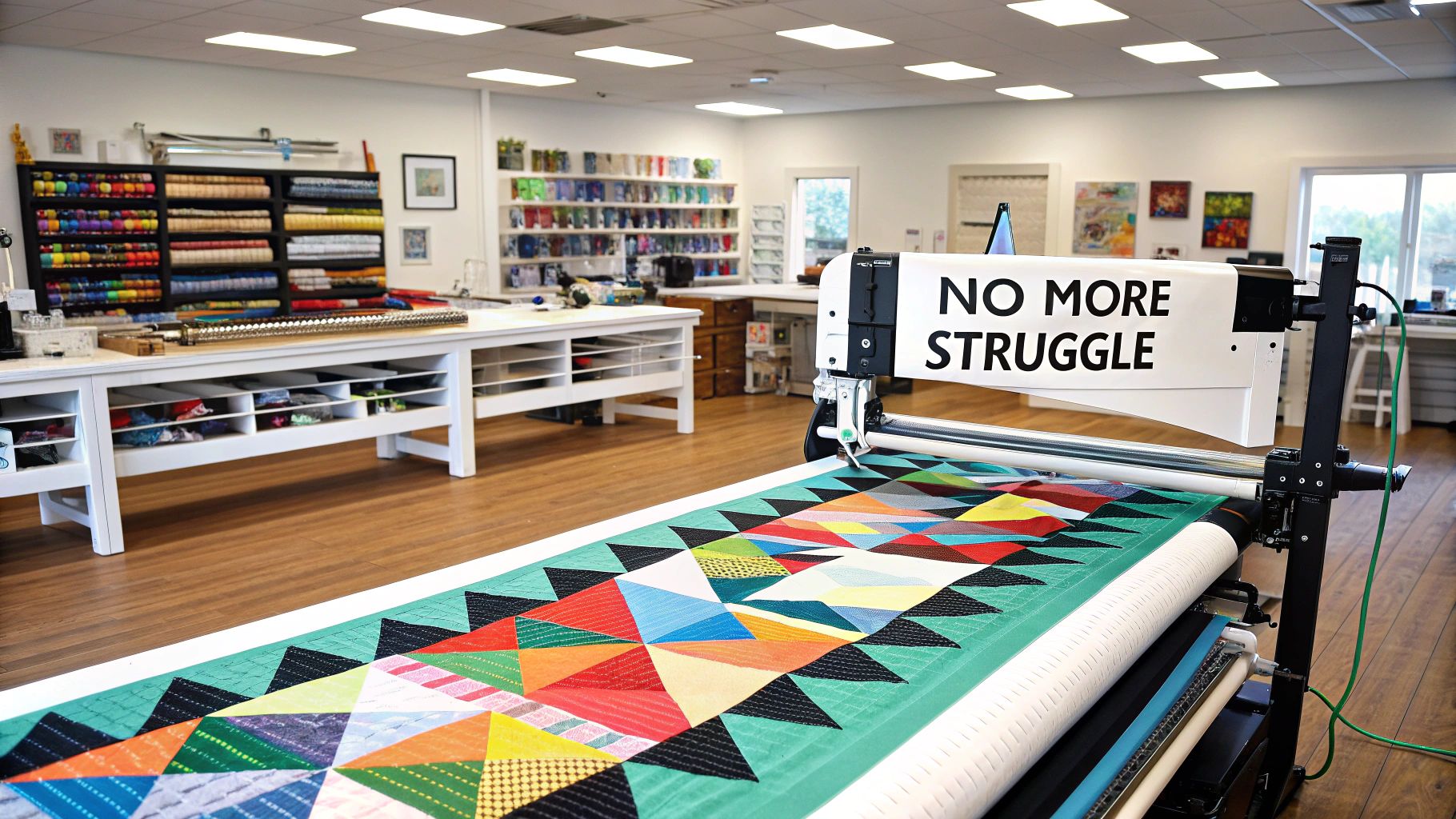 A longarm quilting machine in use, showing its large frame and the quilter guiding the sewing head over the fabric.