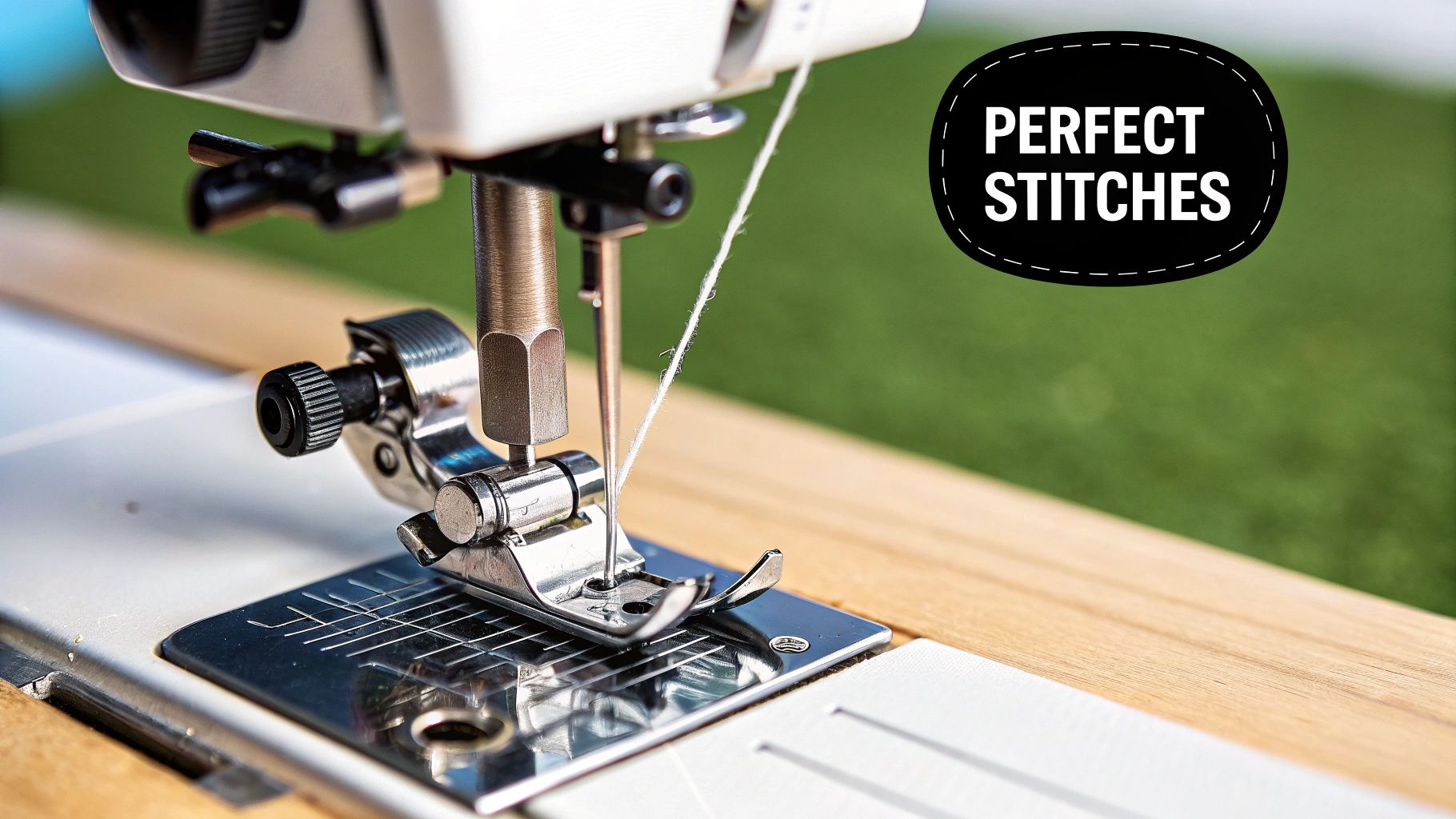 A close-up of hands threading a modern sewing machine, focusing on the needle area.