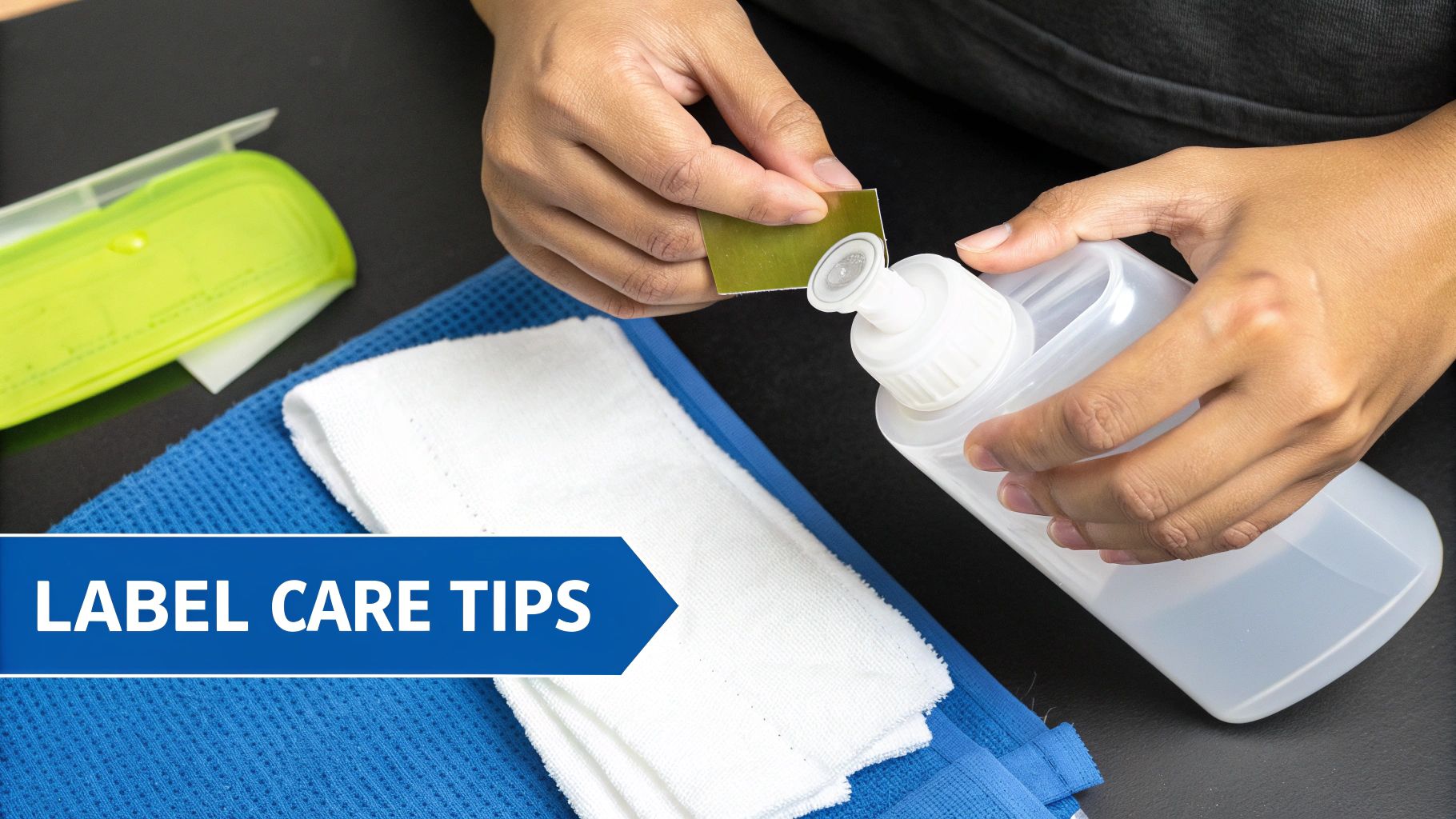 Close-up of hands applying a green label onto a clear squeeze bottle with towels nearby.