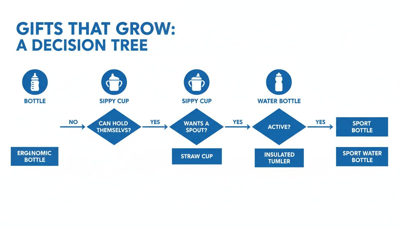 A decision tree for children's drinkware, guiding gift choices from bottles to sport water bottles.