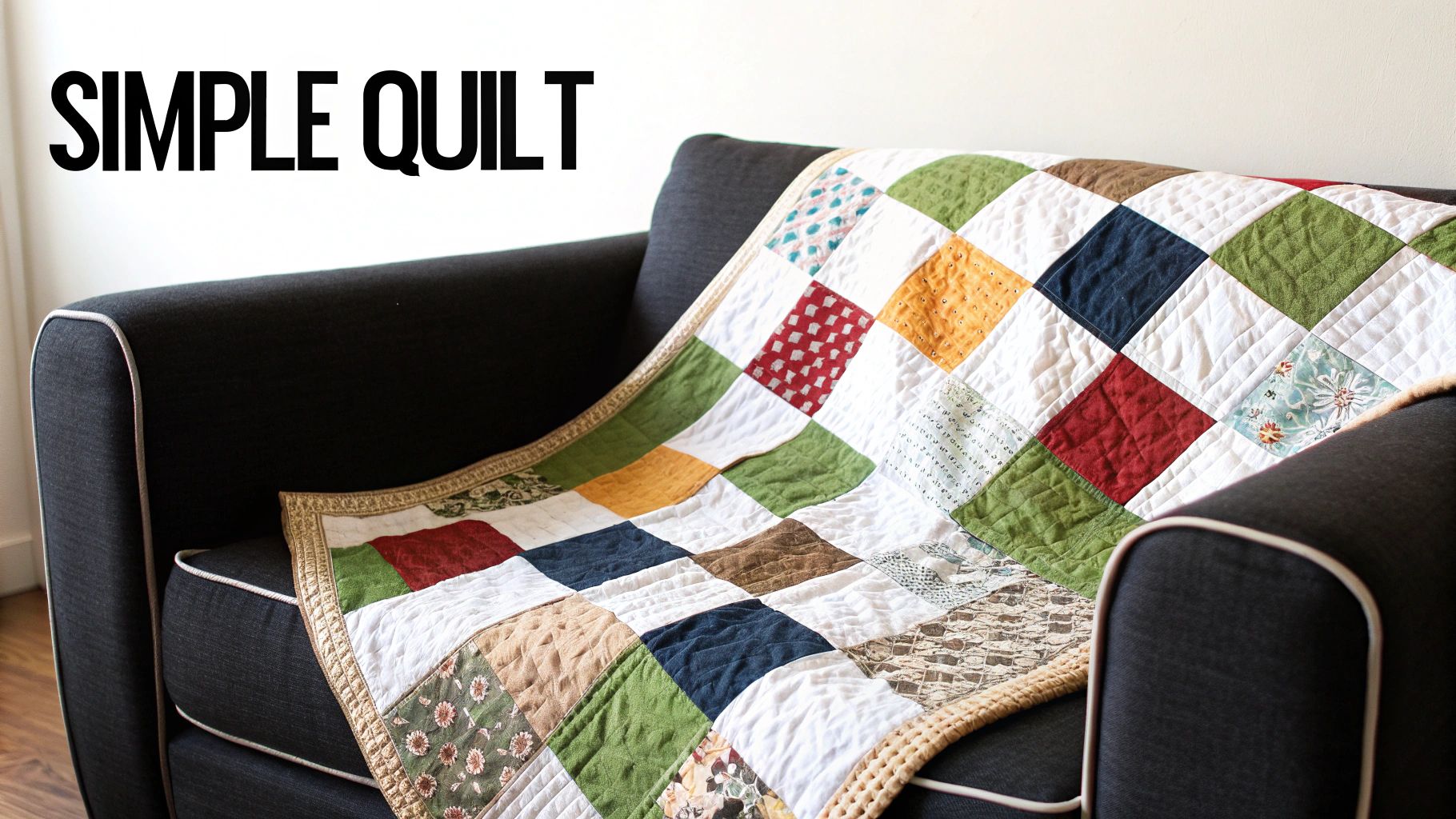 A colorful, handmade patchwork quilt with square patterns draped over a dark gray sofa.