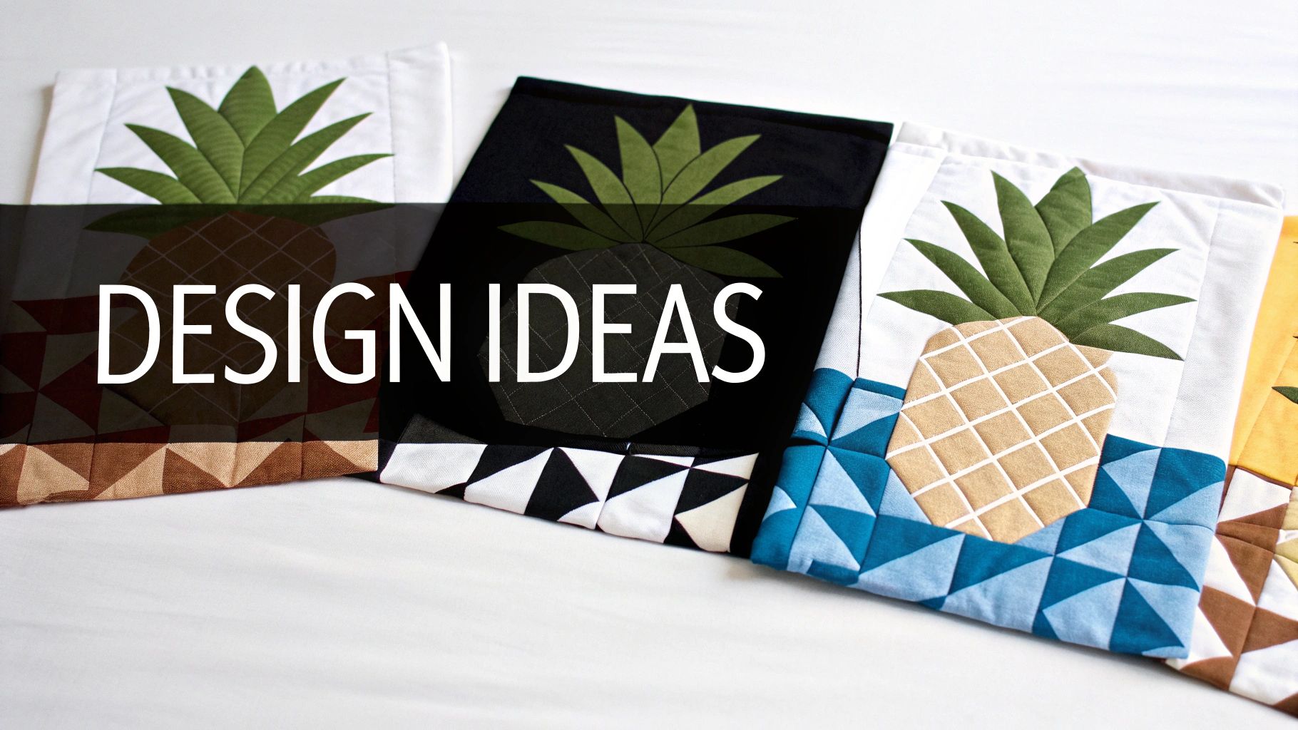Close-up of multiple handmade pineapple quilt blocks showcasing different color combinations and patterns.