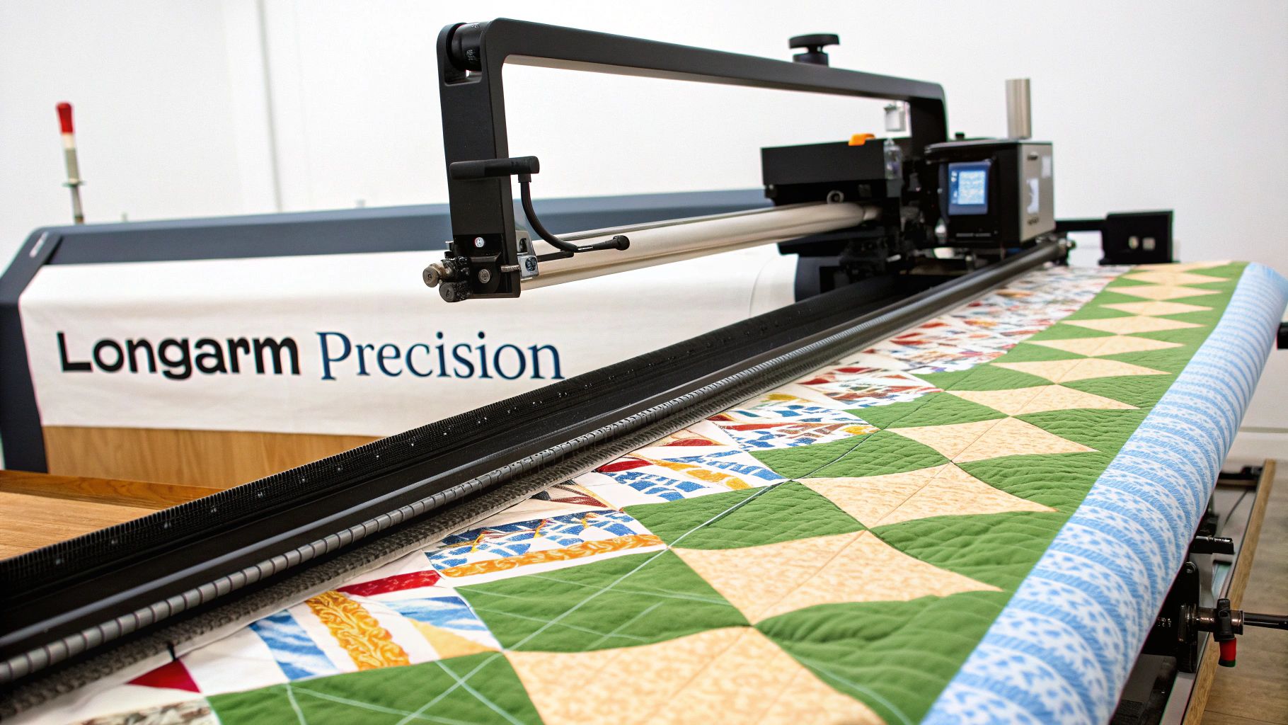 A Longarm Precision quilting machine actively stitching a colorful, patterned quilt with green and beige fabric.