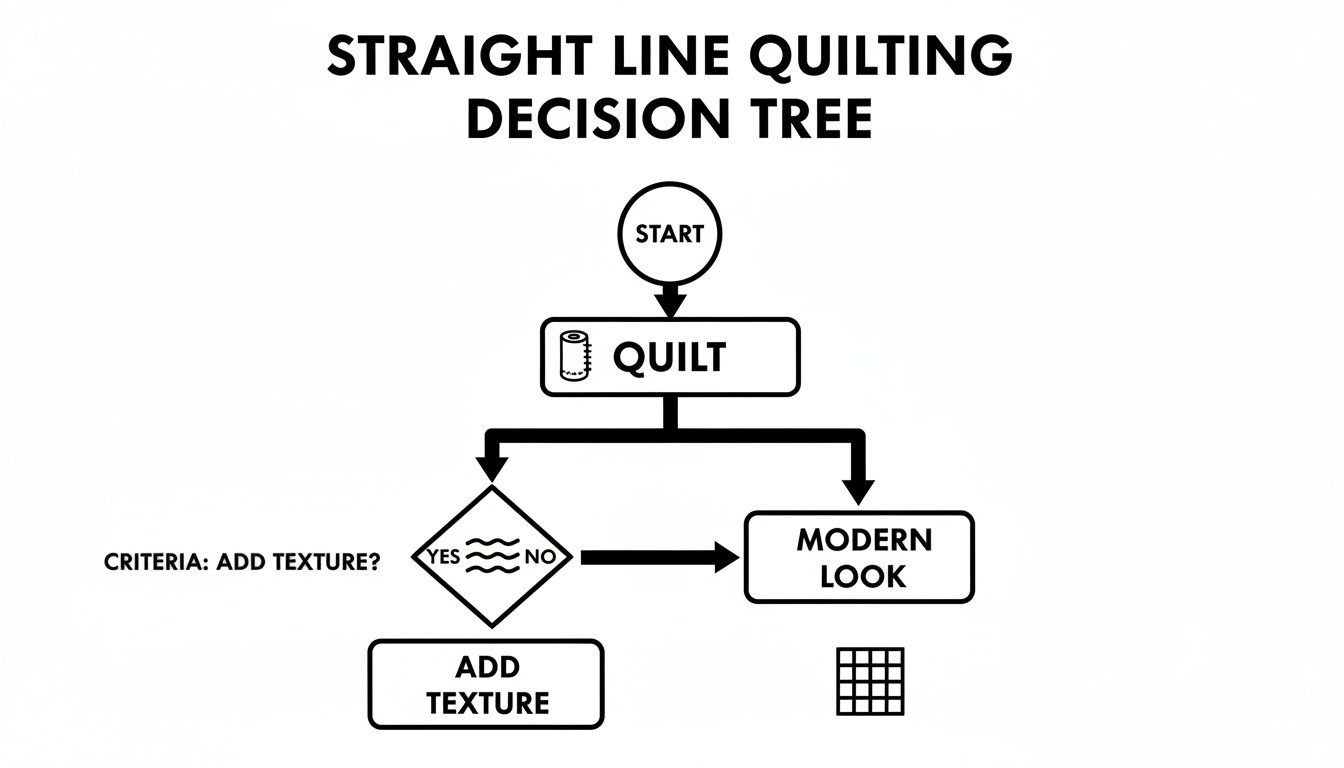 A straight line quilting decision tree flowchart, asking if texture should be added for a modern look.