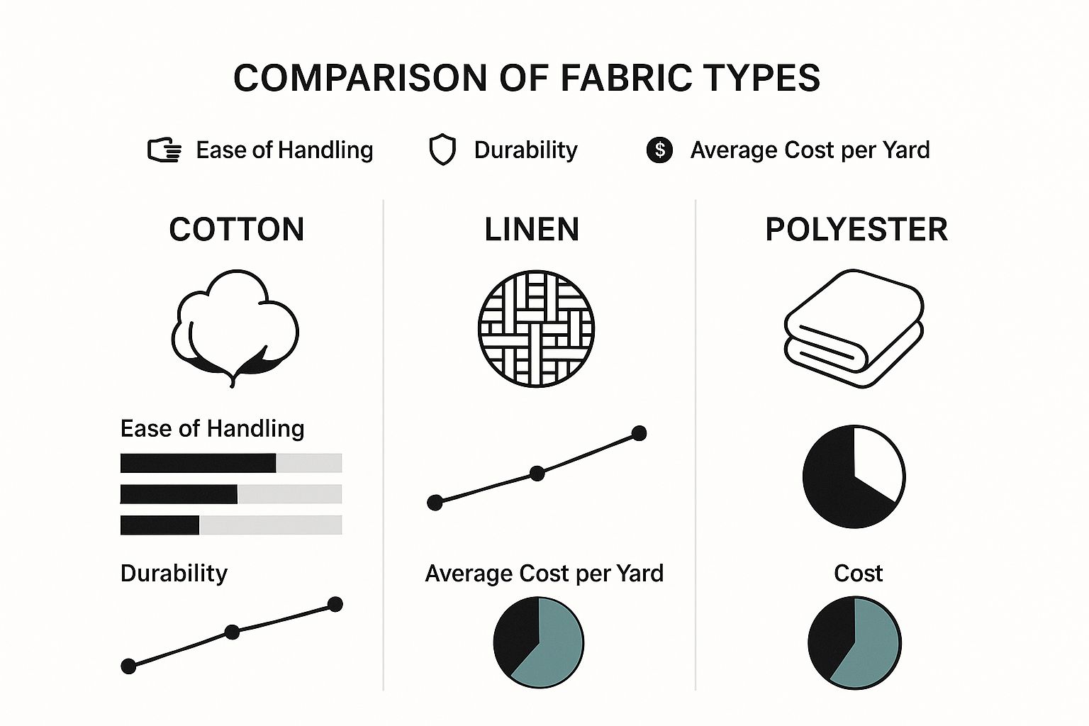 An infographic comparing cotton, linen, and polyester fabrics based on handling ease, durability, and cost.