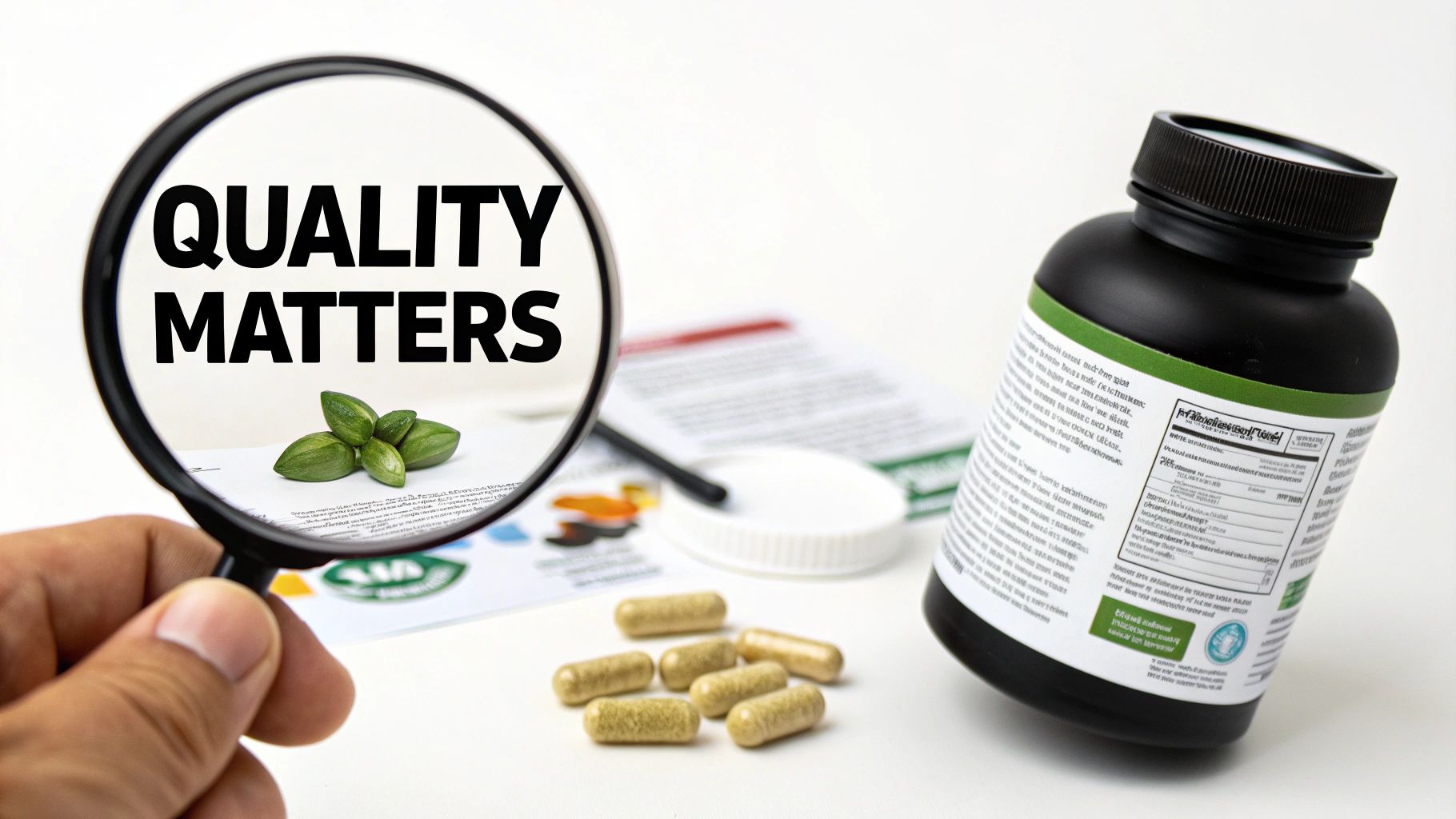 A magnifying glass emphasizing 'QUALITY MATTERS' above natural supplement capsules and a bottle.