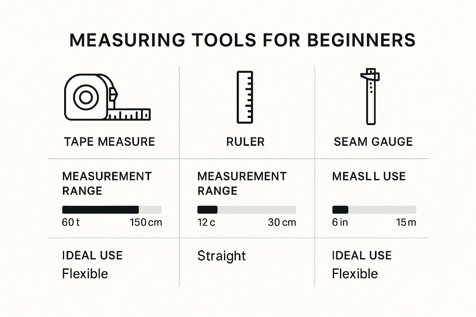 Infographic comparing a tape measure, ruler, and seam gauge for sewing beginners.
